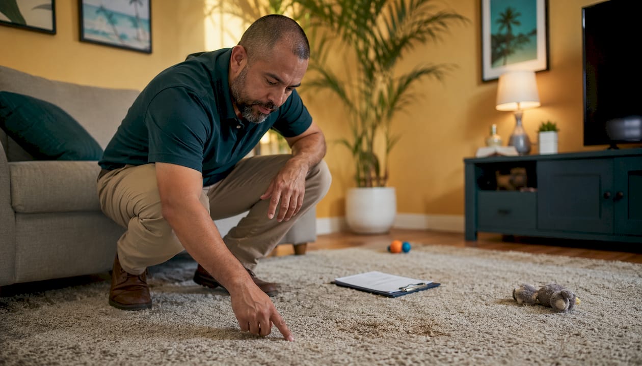 Landlord inspecting pet damage on carpet