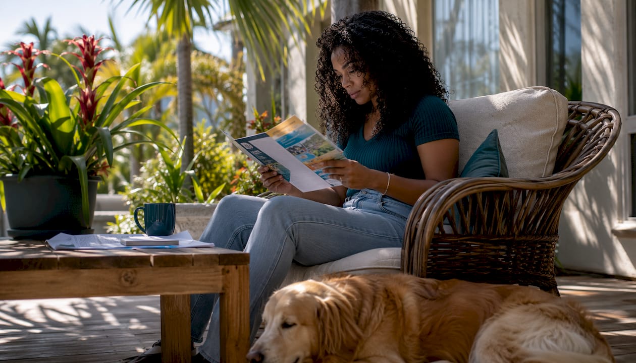 Renter reviewing pet deposit documents with dog
