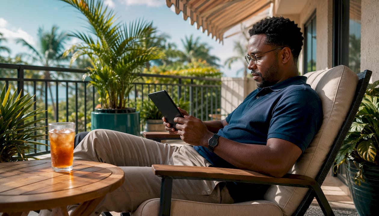 Man calculating apartment budget at home