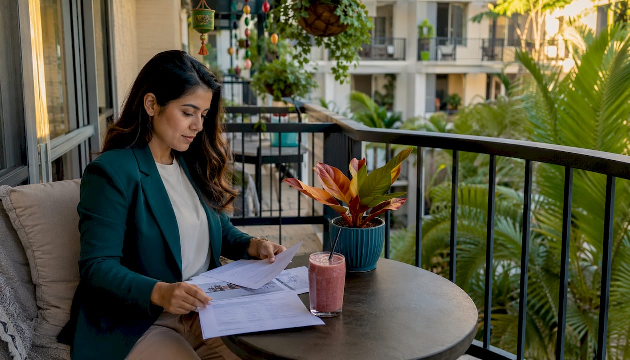 Young woman reviewing leasing paperwork outdoors