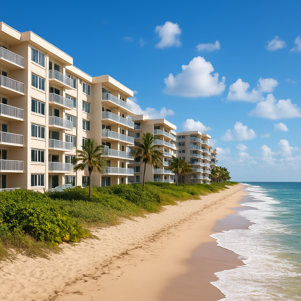 A row of modern beachfront condos with balconies overlooks a sandy beach lined with palm trees and ocean waves under a bright blue sky with scattered clouds.