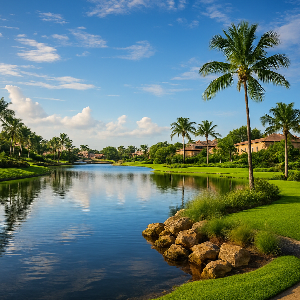 A calm lake surrounded by green grass, palm trees, rocks, and upscale houses under a bright blue sky with scattered clouds.