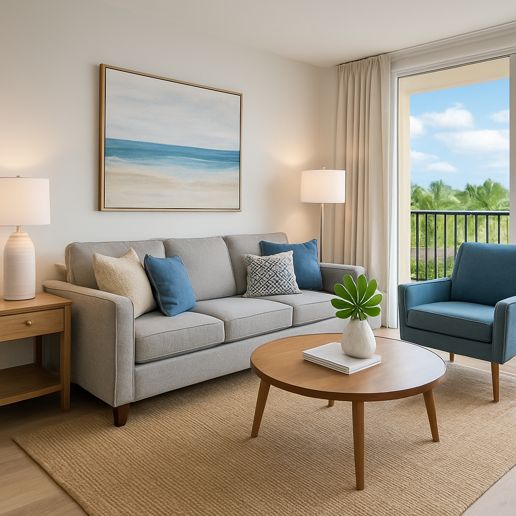 A bright living room with a gray sofa, blue accent chair, wooden coffee table, beach-themed artwork, and large window showing greenery outside.