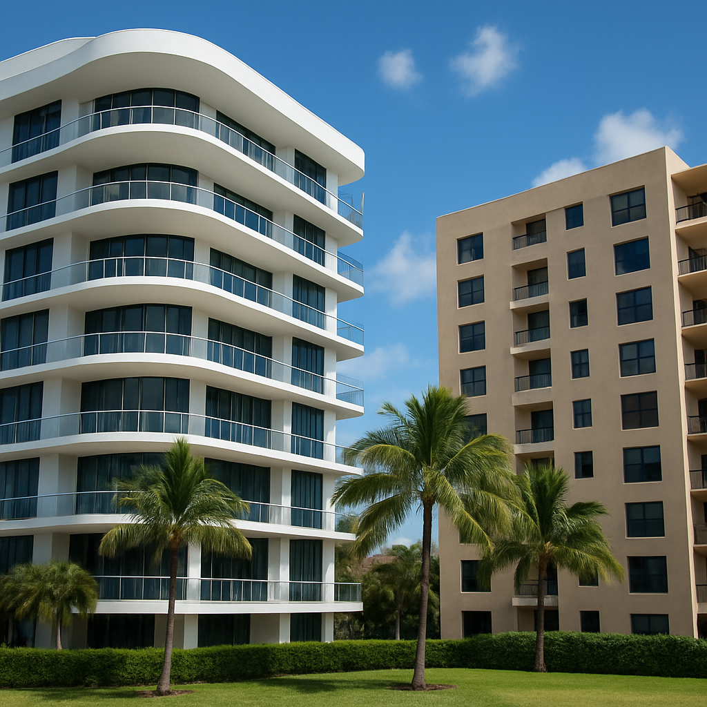 Modern white curved apartment building and beige rectangular apartment building, both with balconies, surrounded by green grass, palm trees, and a blue sky with scattered clouds.