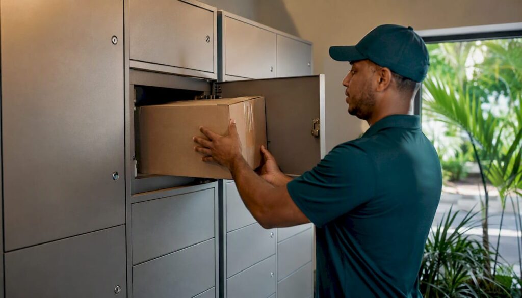 Courier placing package inside secure package room