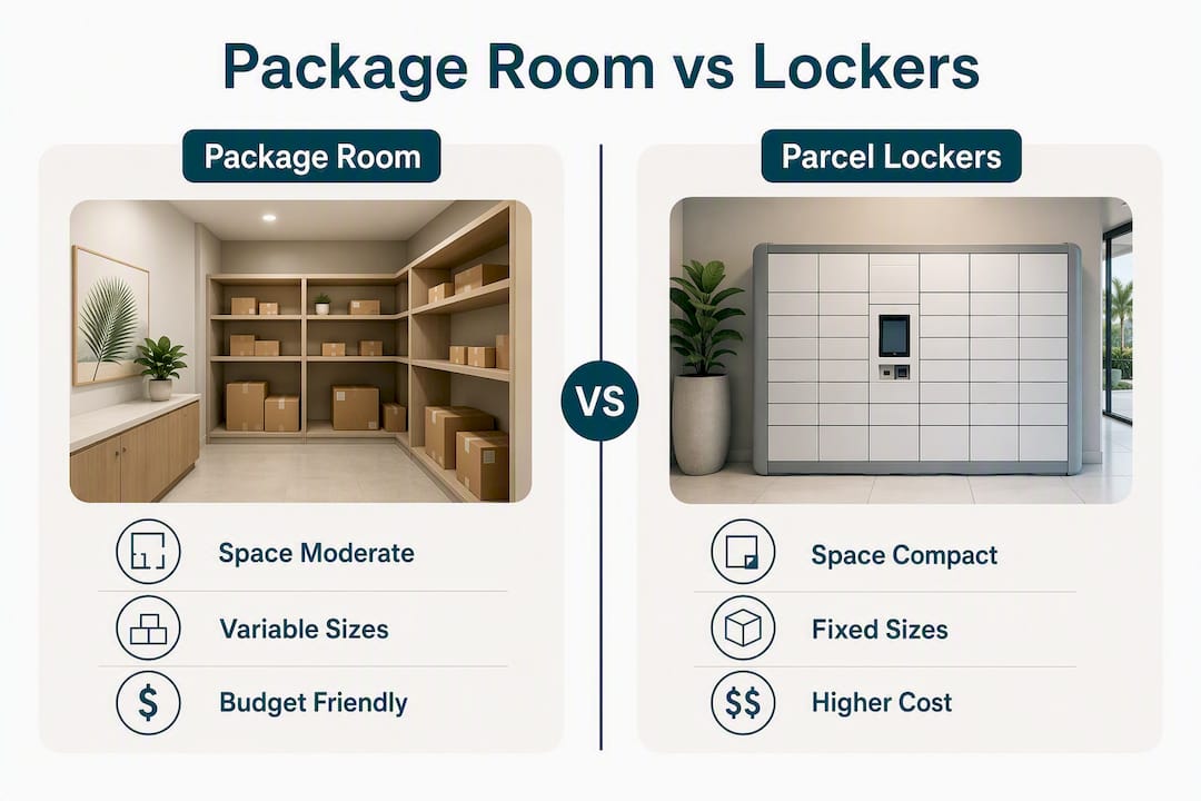 What Is a Secure Package Room? Guide for Residents 3 Infographic comparing features of package rooms and parcel lockers