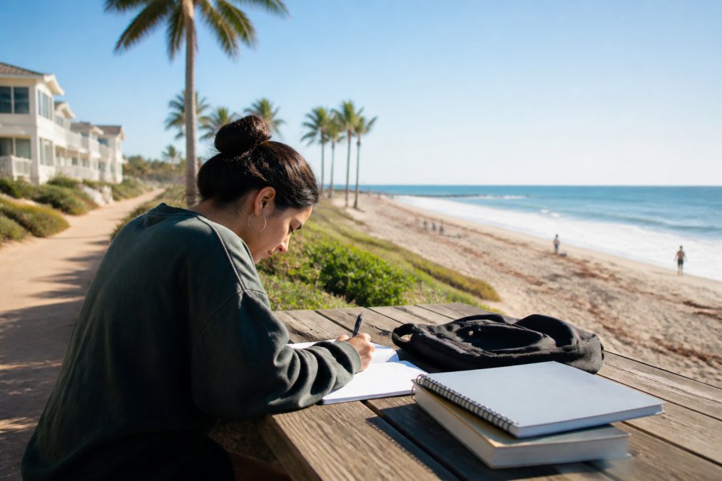 A young woman writes in a notebook at a beachside table, with books and a bag beside her—perhaps pondering if living near the beach is worth it for students. Palm trees, houses, and a sandy shoreline are visible under a clear blue sky.