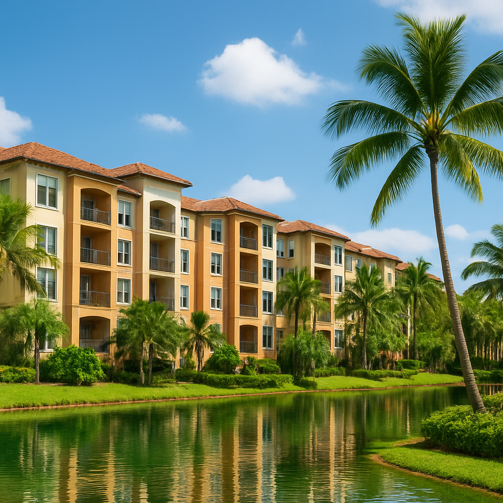 A row of modern, four-story apartment buildings with terracotta roofs and balconies overlooks a pond, surrounded by palm trees and lush greenery under a bright blue sky with scattered clouds.