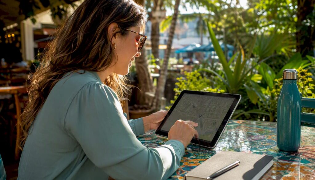 Person reviewing multiple units on property map tablet