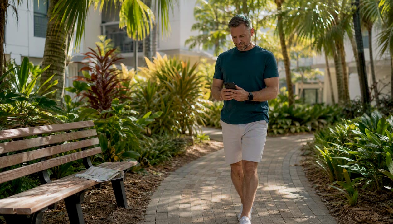 Man using smartphone property map outdoors