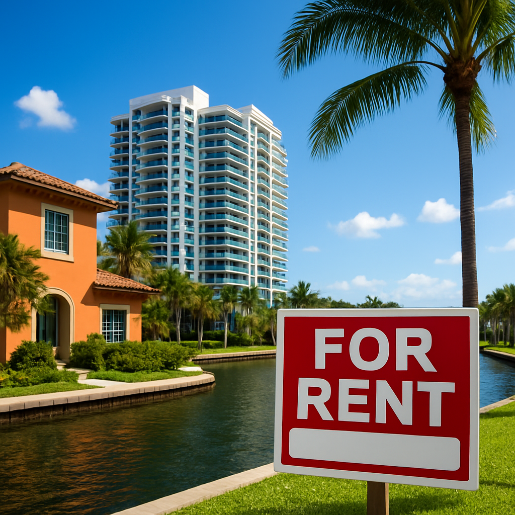 A red “For Rent” sign stands near a canal, with palm trees, a modern high-rise, and an orange house in the background under a sunny blue sky.