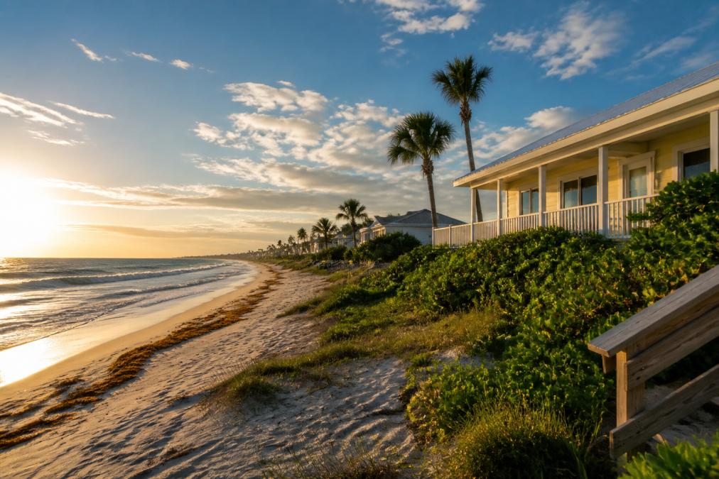 A beach house with a white porch overlooks a sandy beach lined with palm trees at sunset—one of the best beaches to live on. The sun glows over the ocean, casting warm light on the shoreline and green foliage.