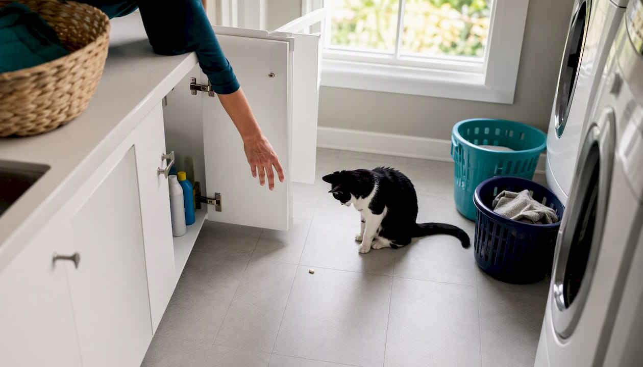 Cat near dropped pill in bathroom