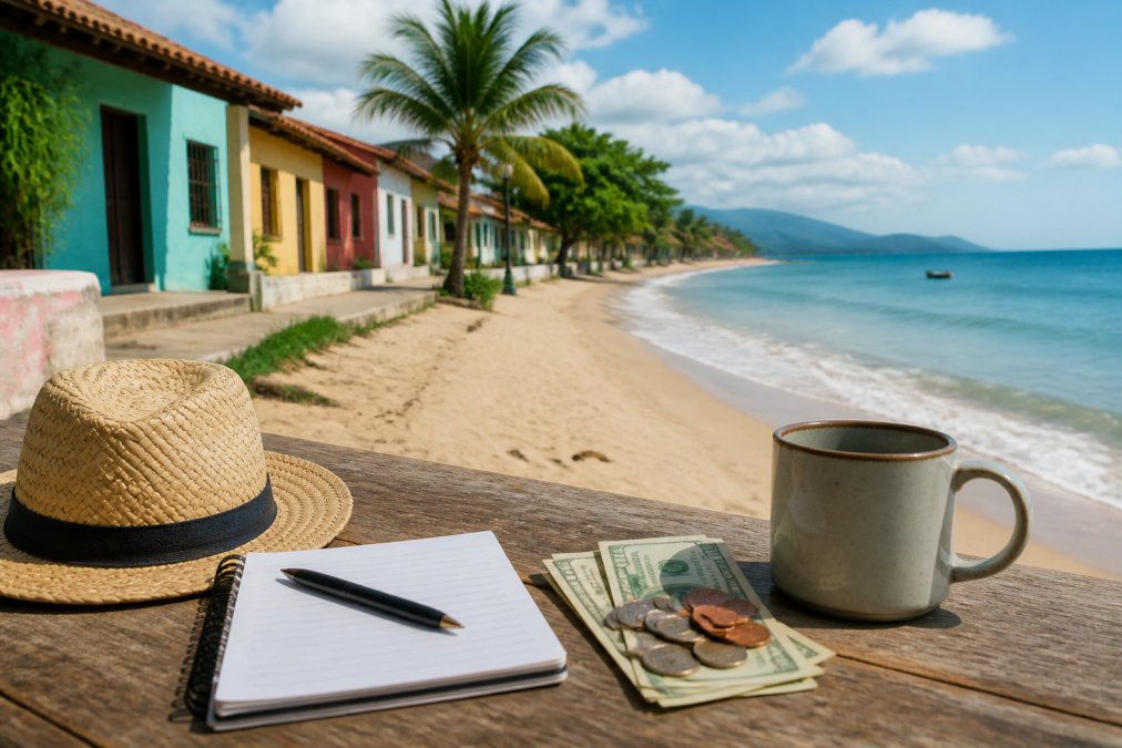 A straw hat, notebook with pen, coffee mug, and cash with coins rest on a wooden table overlooking a tropical beach dotted with colorful houses—one of the cheapest beach towns—framed by swaying palm trees, soft sand, and a calm blue sea under a sunny sky.