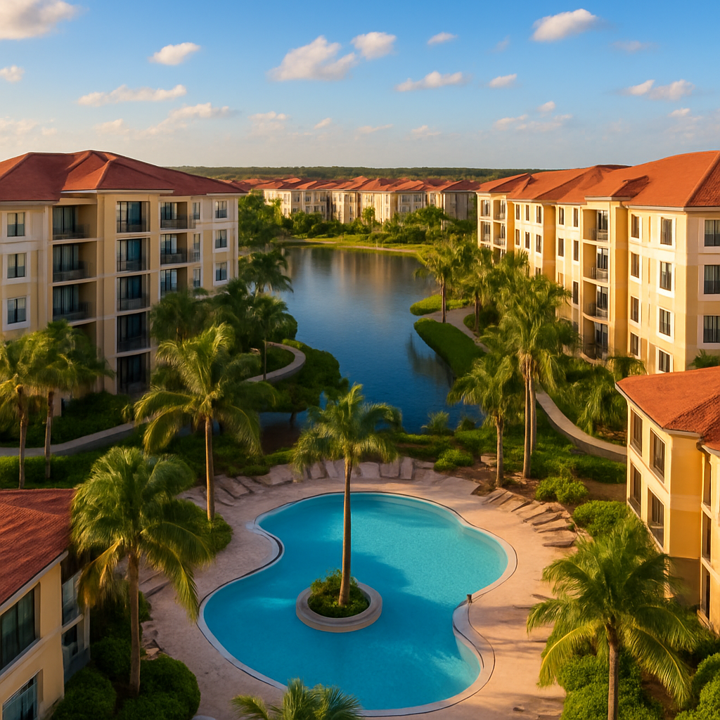 Aerial view of luxury apartments with red roofs, a central pool surrounded by palm trees, and a lake running between the buildings under a blue sky with scattered clouds.