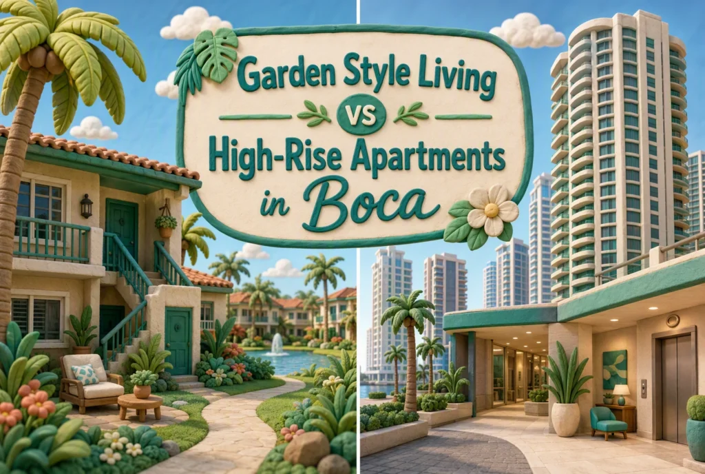 Comparison of garden-style apartment buildings with landscaped grounds versus a high-rise apartment tower in Boca Raton, Florida