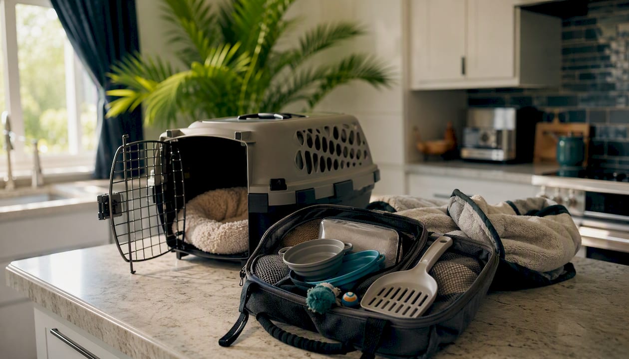 Cat carrier with travel kit packed nearby
