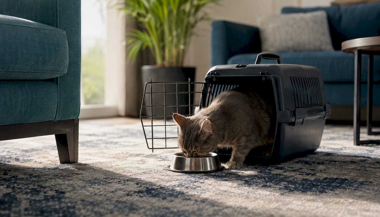 Moving Tips for Cat Owners: Stress-Free Relocation Guide 1 Cat eating from bowl placed inside carrier door