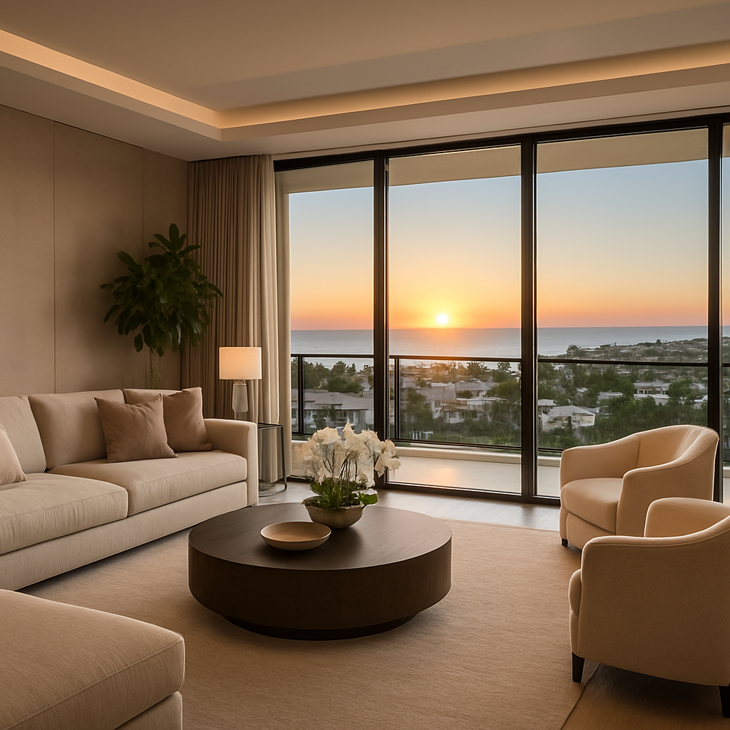 A modern living room with beige furniture and a round coffee table overlooks a sunset through floor-to-ceiling windows, with a view of the ocean and greenery outside.