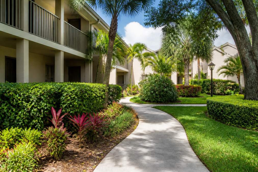 A curved sidewalk winds through lush landscaping with palm trees, shrubs, and flowering plants next to a beige apartment building with balconies on a sunny day, exemplifying the charm of garden-style apartments in Boca Raton.
