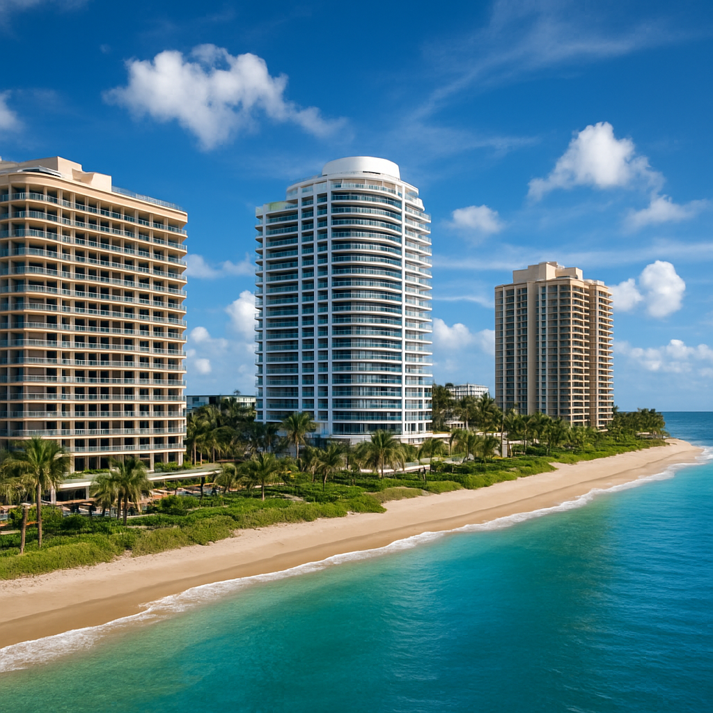 Tall modern beachfront condominiums with glass balconies line a sandy beach, bordered by turquoise ocean water and lush palm trees under a bright blue sky with scattered clouds.