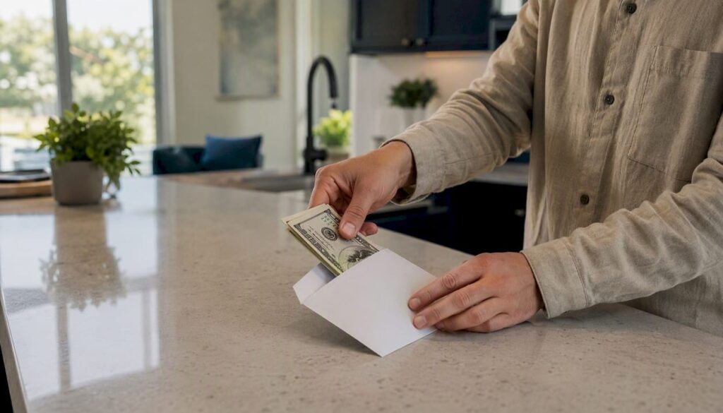 Tenant placing cash into envelope for deposit