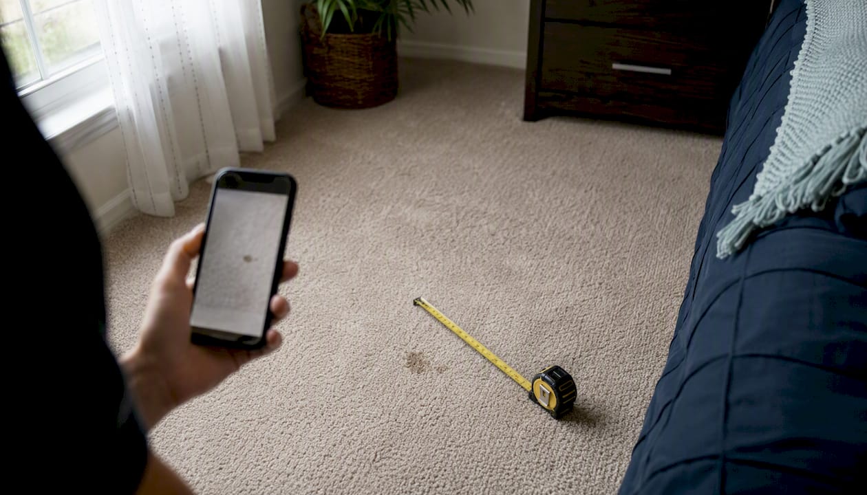 Hand photographing carpet stain with measuring tape