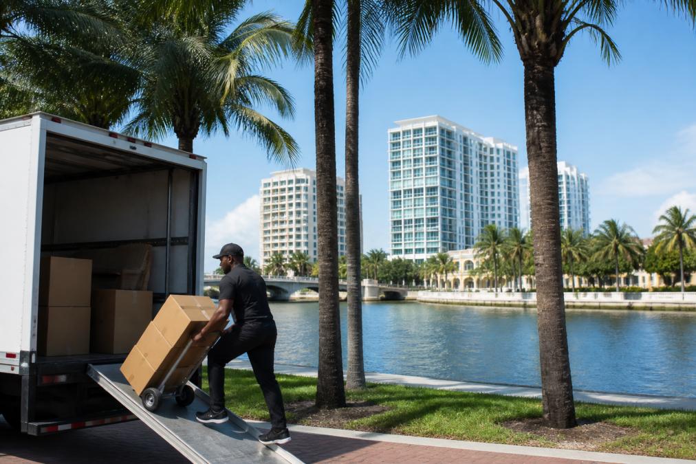 A person wearing black unloads boxes from a truck using a dolly, near a waterfront with palm trees and tall buildings in the background on a sunny day—just the kind of scene you’d expect from moving to Boca Raton professionals efficiently handling a relocation.