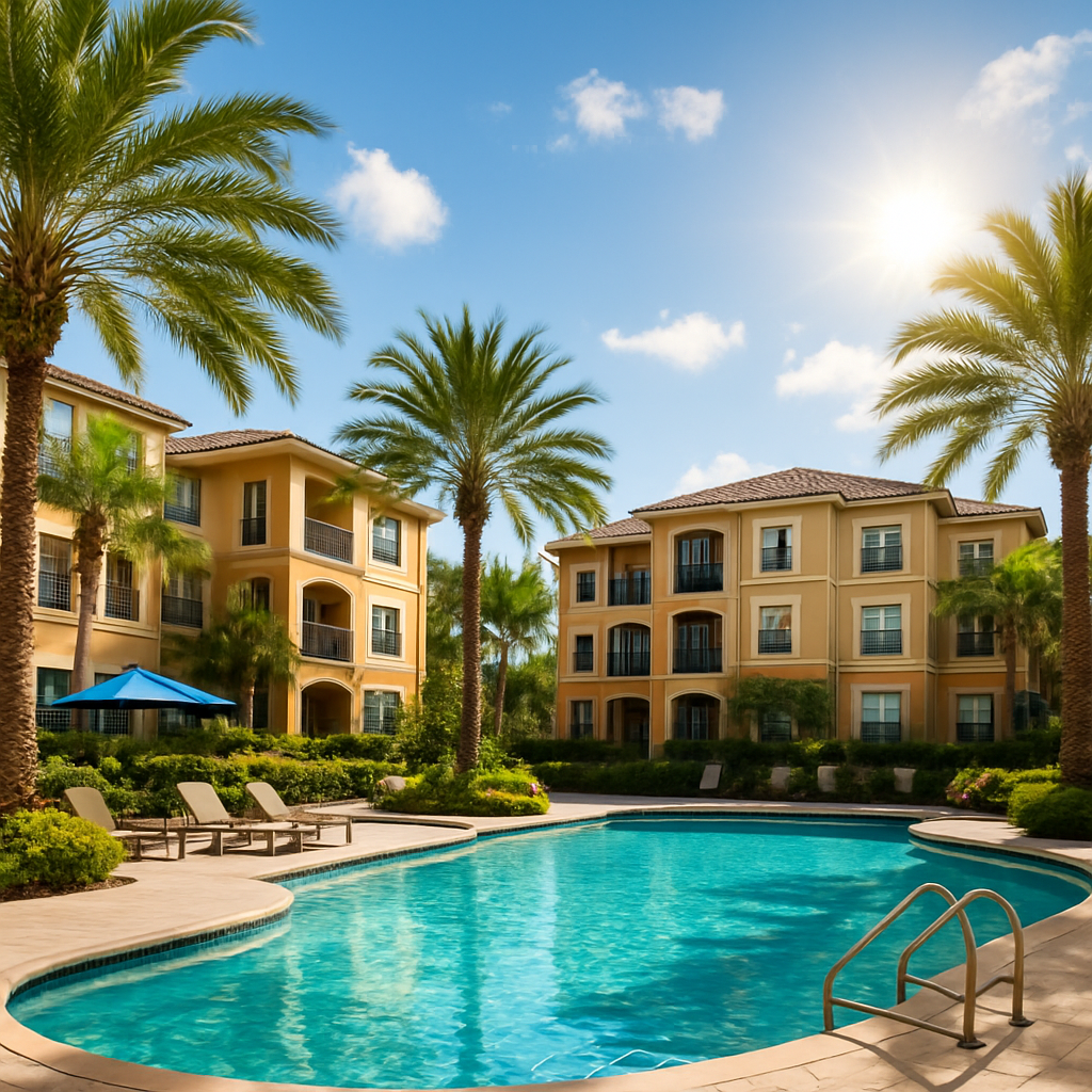 A sunny courtyard with a blue swimming pool surrounded by lounge chairs, palm trees, and yellow apartment buildings with balconies.