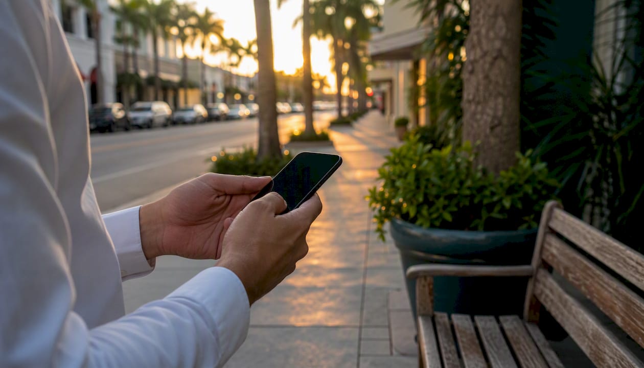 Hands holding smartphone near apartment balcony