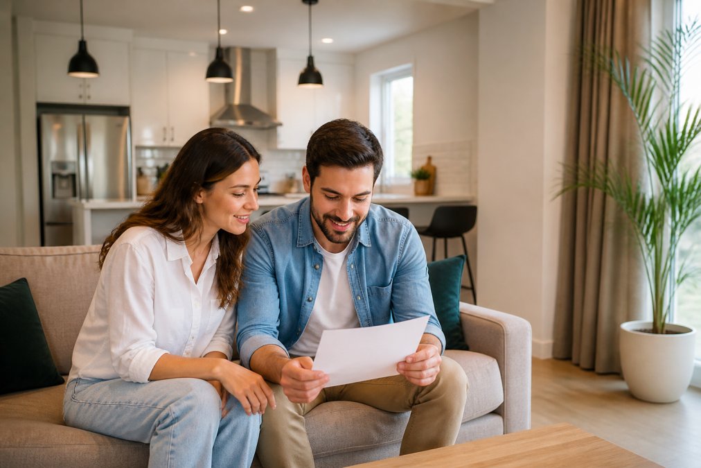 A smiling couple sits on a couch in a modern living room, looking at a piece of paper together—perhaps reading apartment reviews for Boca Raton. The kitchen is visible in the background, and there is a large plant by the window.