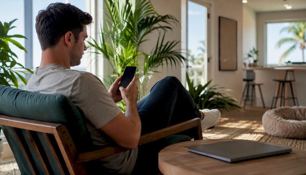 Person holding smartphone viewing apartment tour