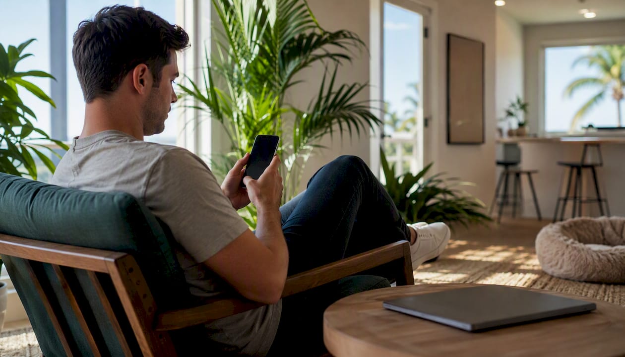 Person holding smartphone viewing apartment tour