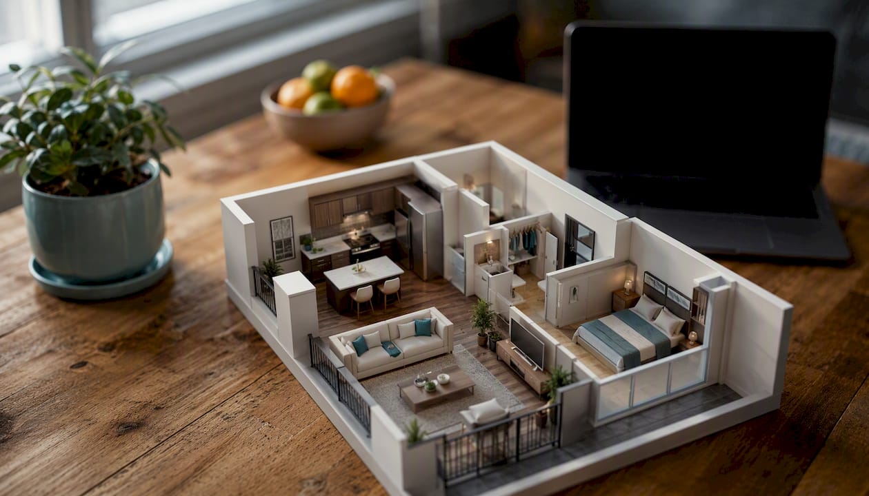 What Are the Real Benefits of Virtual Tours? 1 3D dollhouse apartment model on desk