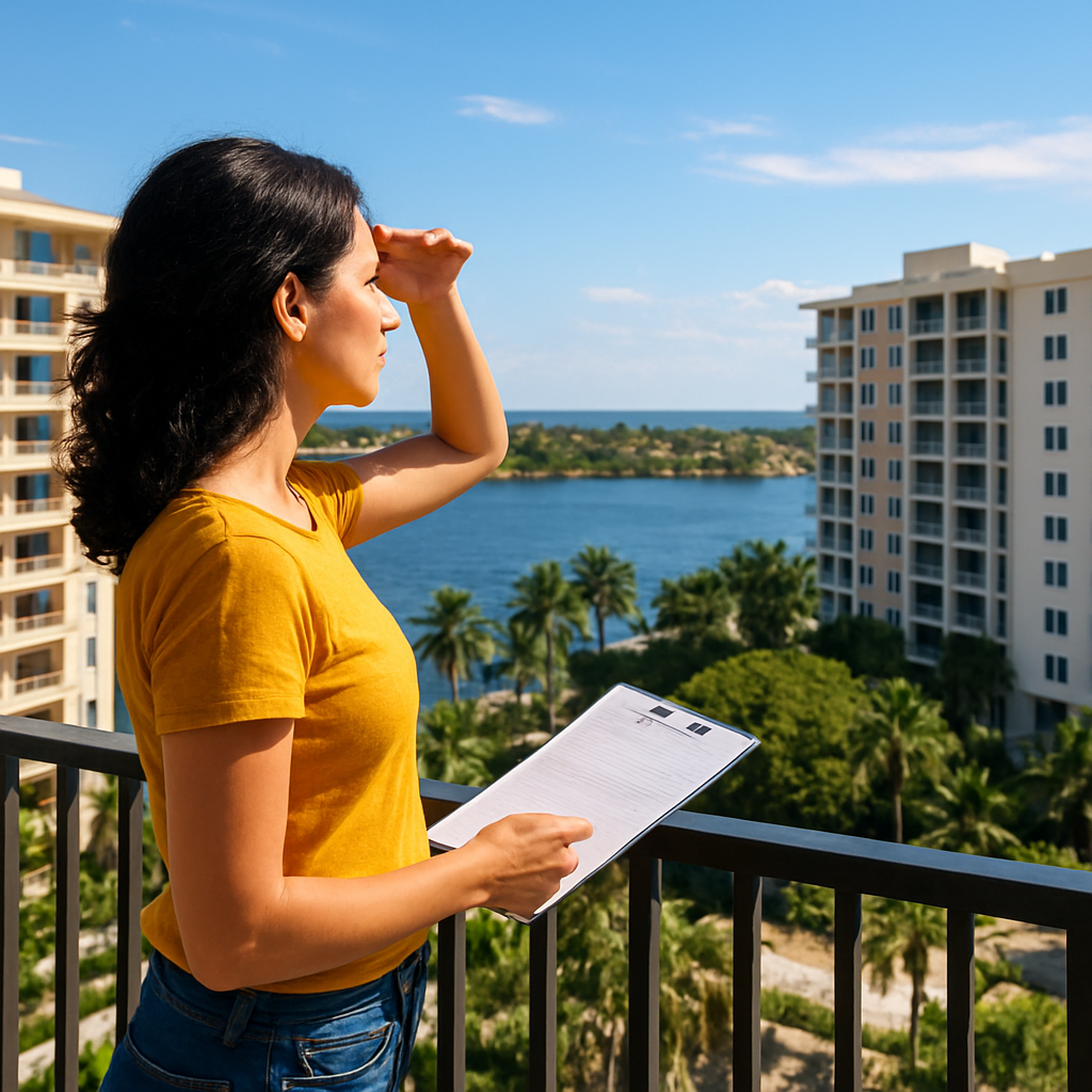 A woman in a yellow shirt stands on a balcony, holding a clipboard and looking out at a river, palm trees, and tall apartment buildings on a sunny day.