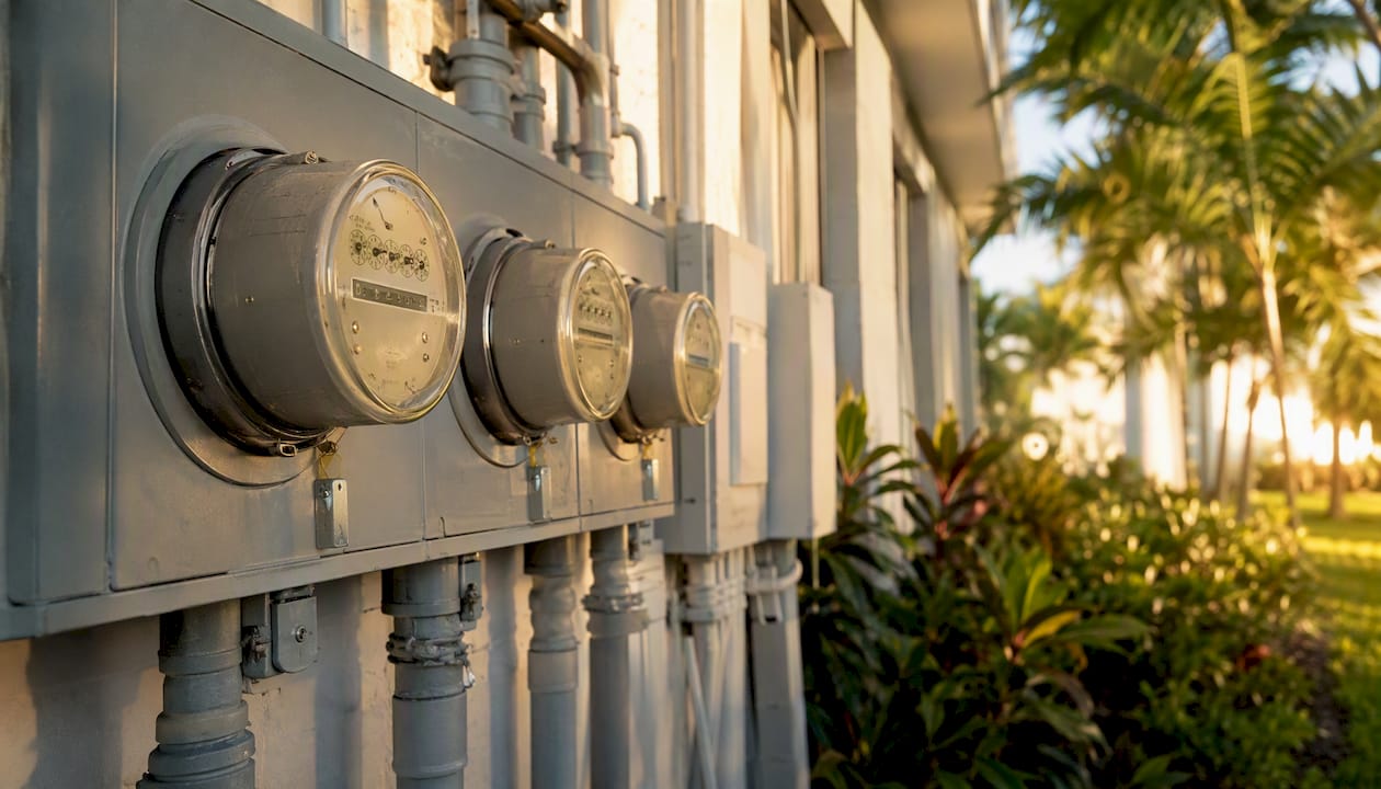 Apartment utility meter panel close-up