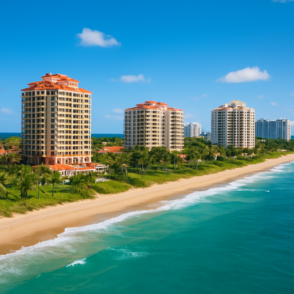 High-rise beachfront condominiums line a sandy shore with turquoise waves under a bright blue sky, surrounded by green palm trees and landscaped grounds.