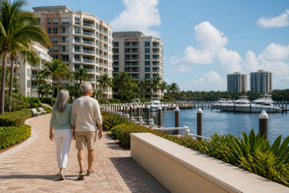 An older couple walks along a waterfront pathway lined with palm trees, luxury condos, and boats docked in a marina under a sunny blue sky—an everyday scene that might leave you wondering, is living in Boca Raton worth the cost?.
