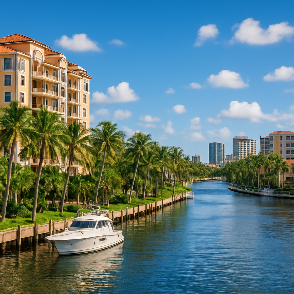 A white boat floats on a calm canal lined with palm trees and luxury apartments, with a city skyline in the background under a bright blue sky with scattered clouds.