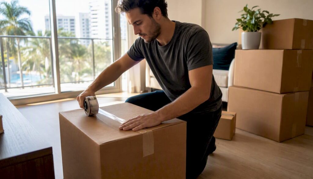 Person taping boxes in apartment with moving tools