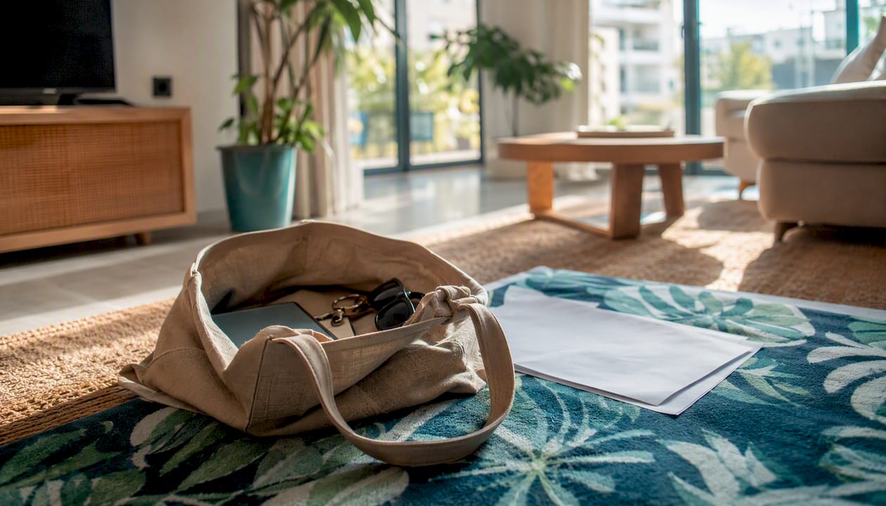 Essentials bag and lease papers on apartment floor