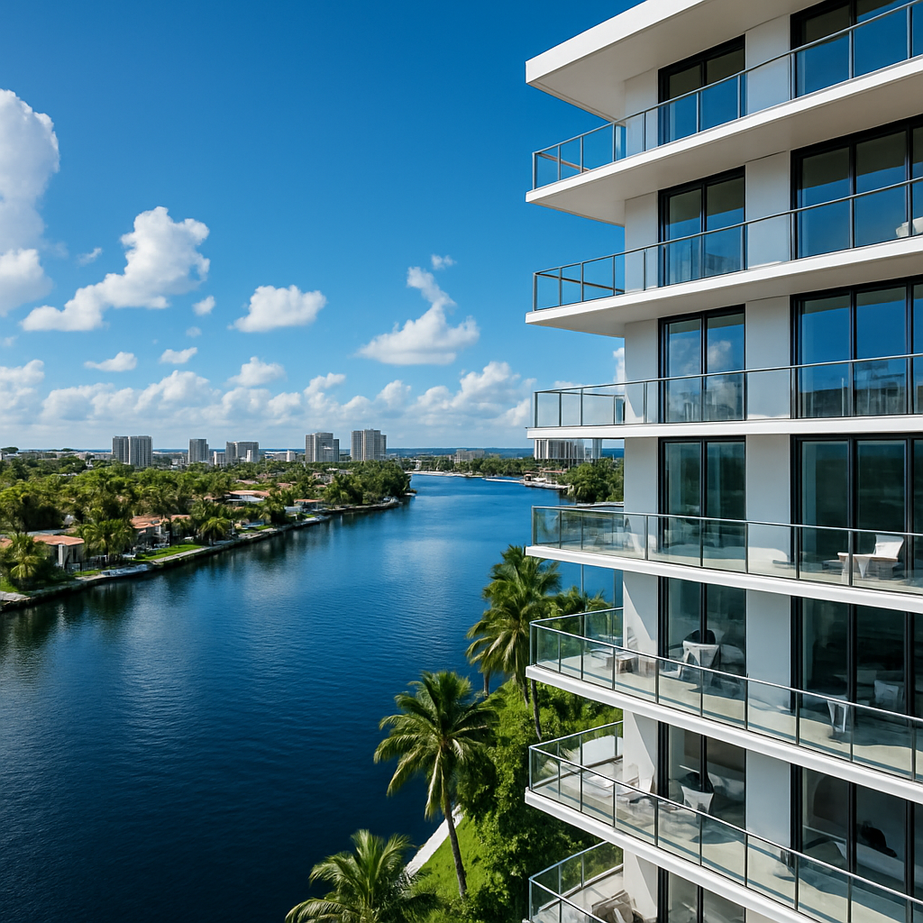 Modern waterfront apartment building with glass balconies overlooking a calm river, palm trees, and a distant cityscape under a clear blue sky with scattered clouds.