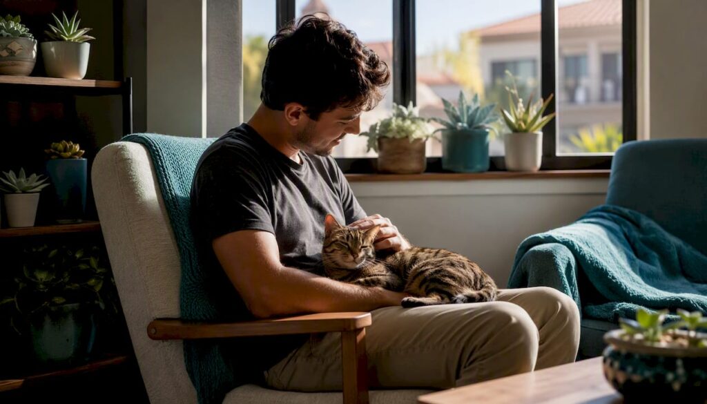 Person petting tabby cat on sofa