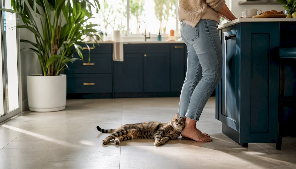Real Advantages of Living With Cats, Backed by Science 1 Cat purring near resting owner’s feet