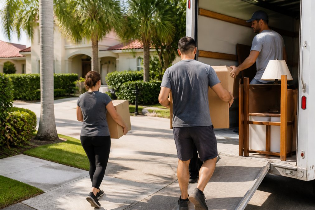 Two people carry boxes toward a moving truck parked outside a house, while another person stands inside the truck arranging furniture and boxes. The scene takes place on a sunny day in a residential neighborhood with palm trees, as the group prepares for moving out of Boca Raton.