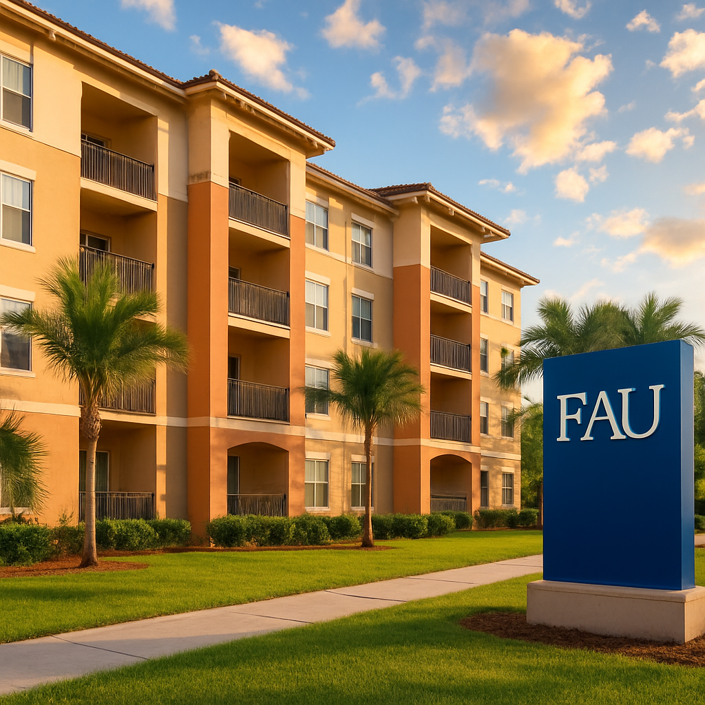 A modern apartment building with palm trees and a large blue sign reading “FAU” on a well-kept lawn, under a partly cloudy sky.