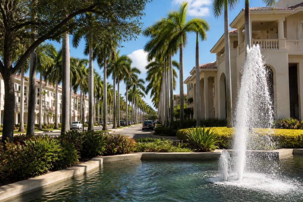 A water fountain in front of palm-lined streets and large, elegant white buildings under a sunny blue sky captures the distinctive charm of Boca Raton, a city known for its blend of both liberal and conservative influences.
