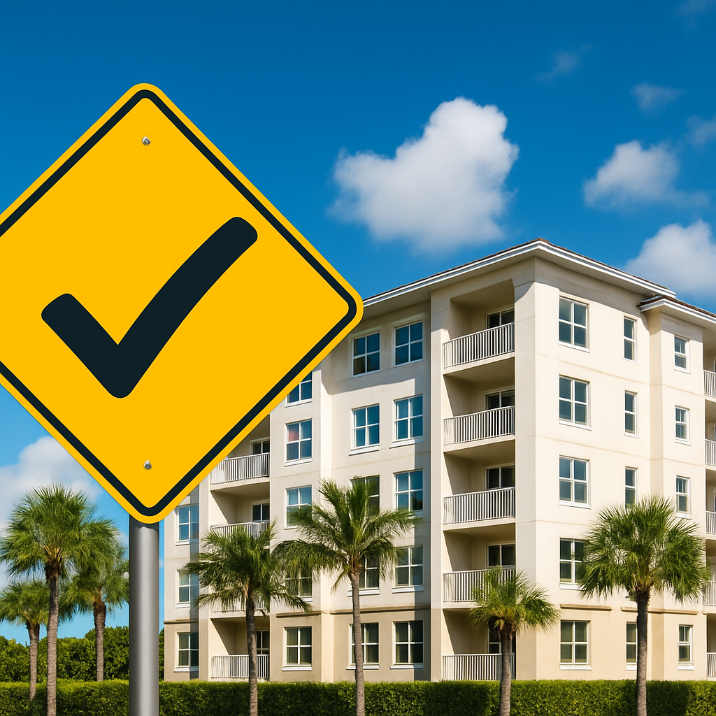 A yellow road sign with a black check mark stands in front of a modern apartment building with balconies, palm trees, and a blue sky with scattered clouds.