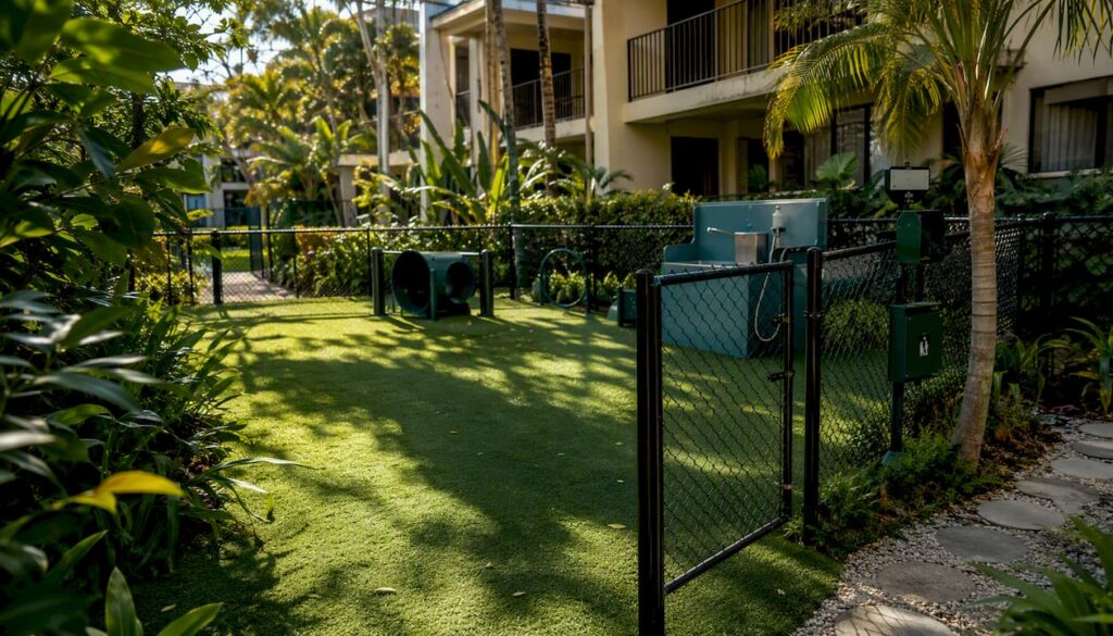 Secure fenced dog run with pet amenities