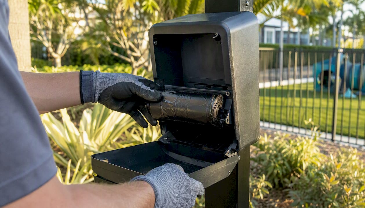 Maintenance worker replacing waste bags at pet station